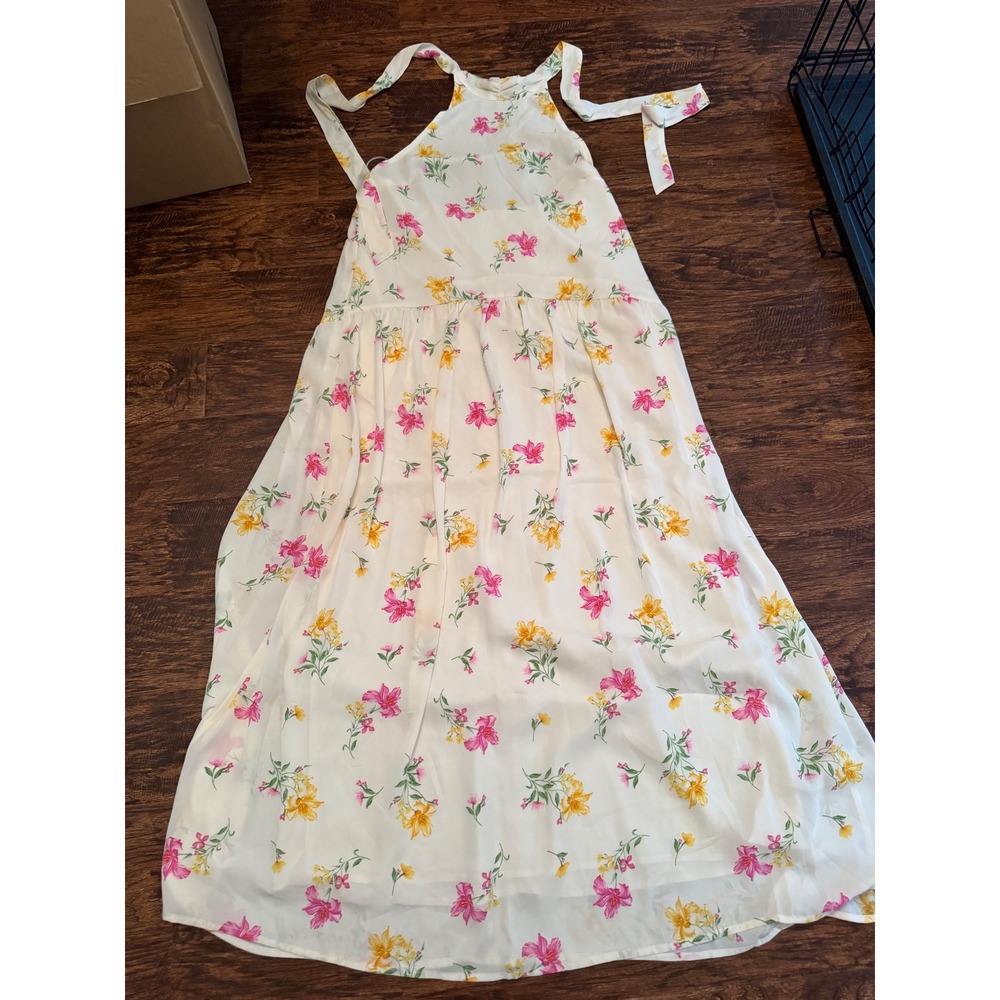 A New Day Floral Halter Maxi Dress White Pink Yellow Tie Shoulder Small